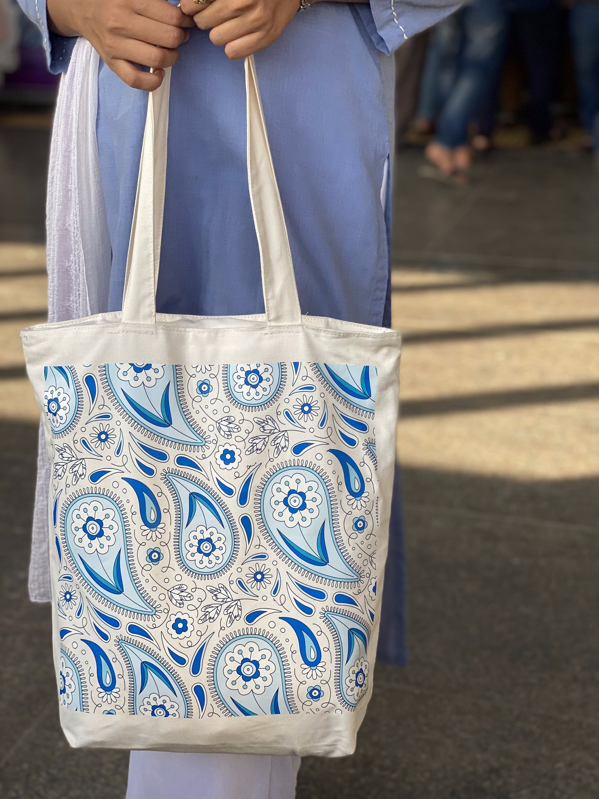 Indigo Paisley canvas tote bag - lifestyle photo | Bloom Bags BD