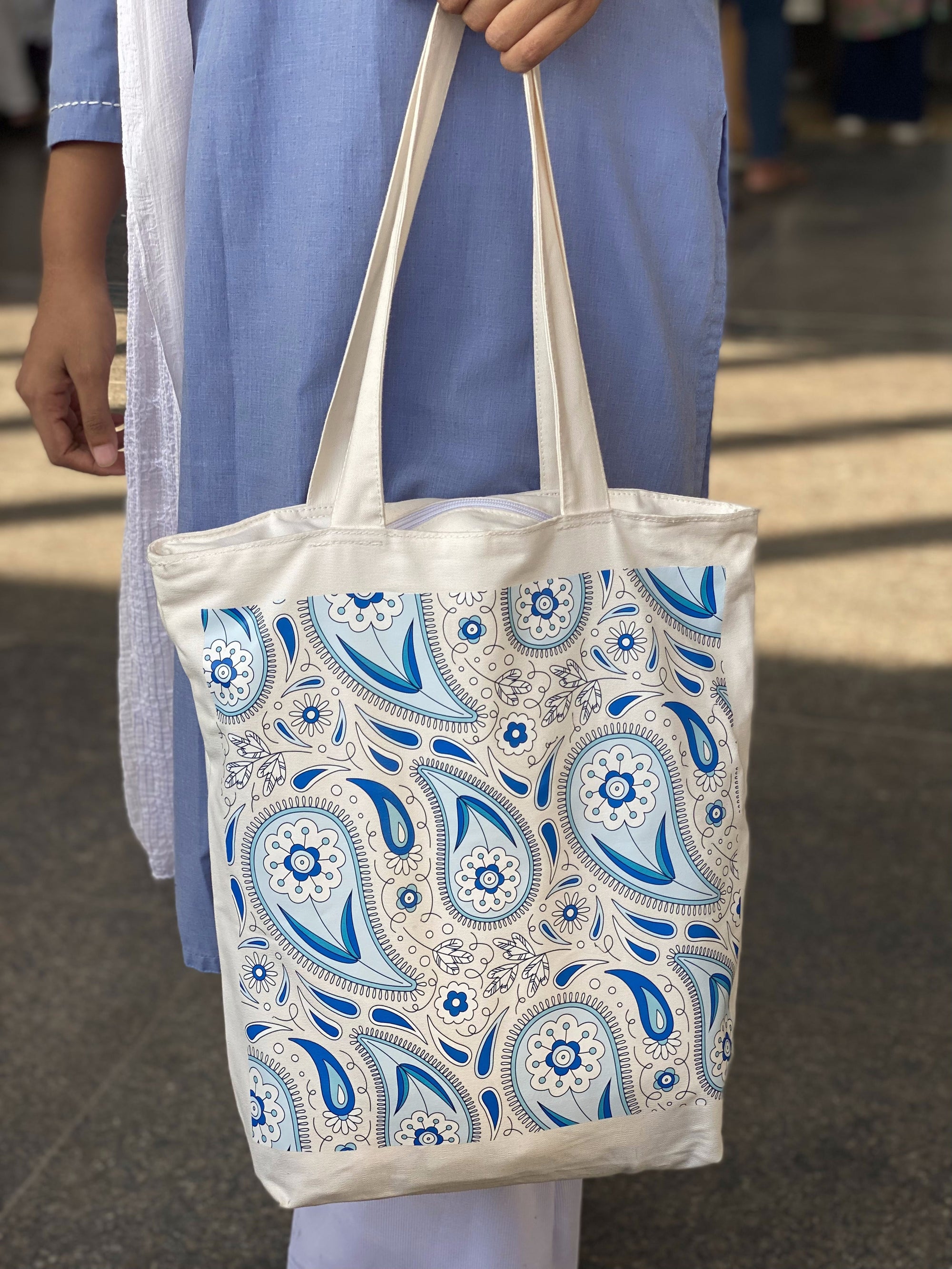 Indigo Paisley canvas tote bag - lifestyle photo | Bloom Bags BD