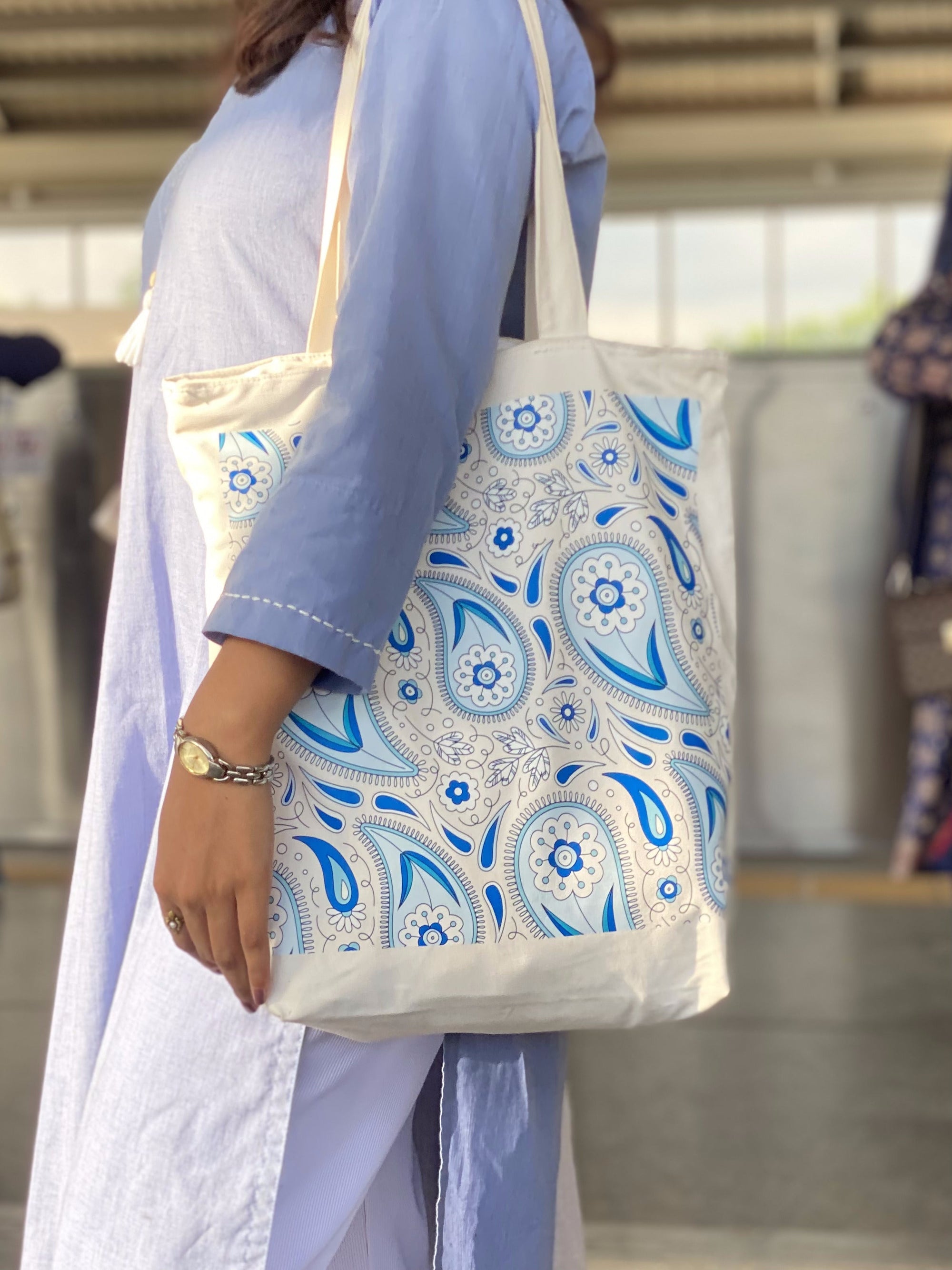 Indigo Paisley canvas tote bag - lifestyle photo | Bloom Bags BD