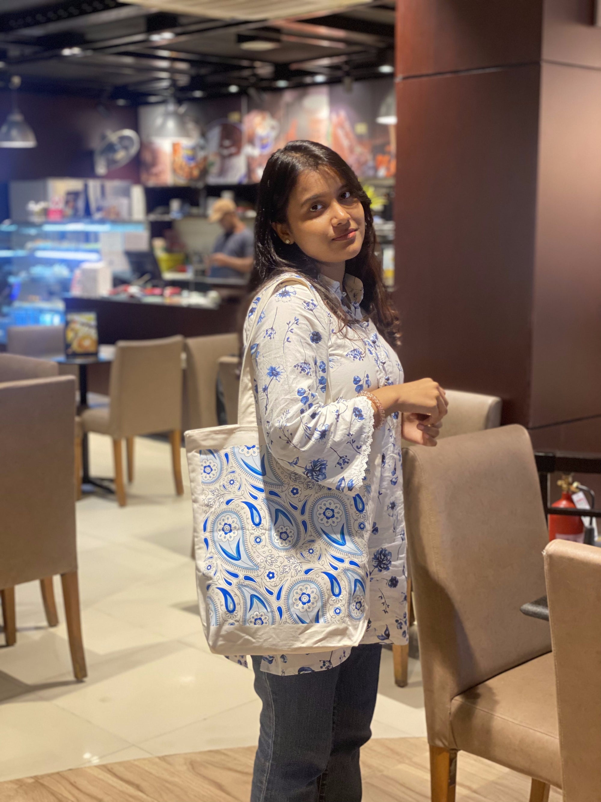 Indigo Paisley canvas tote bag - lifestyle photo | Bloom Bags BD