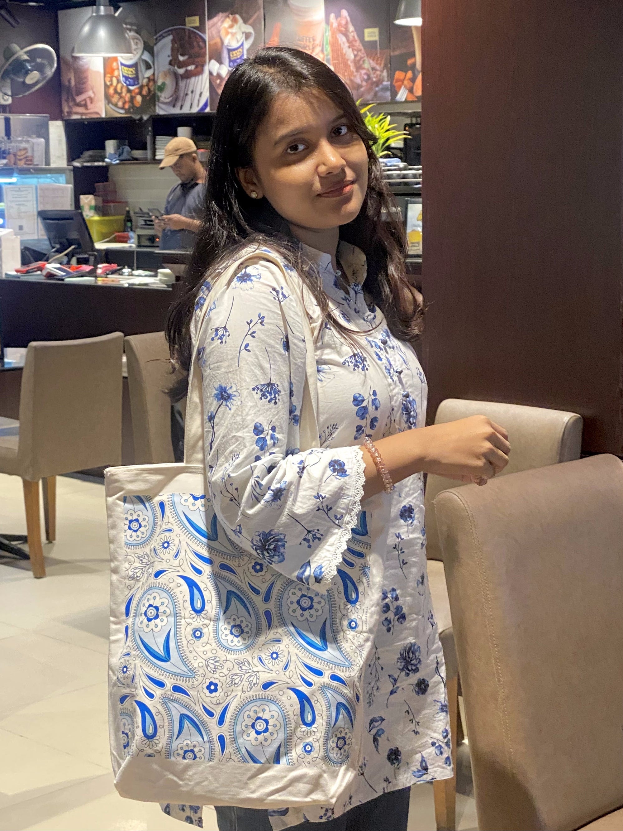 Indigo Paisley canvas tote bag - lifestyle photo | Bloom Bags BD