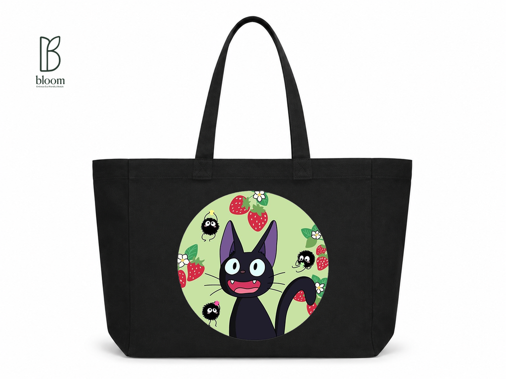 Jiji and Strawberries canvas tote bag - Extended Black | Bloom Bags BD