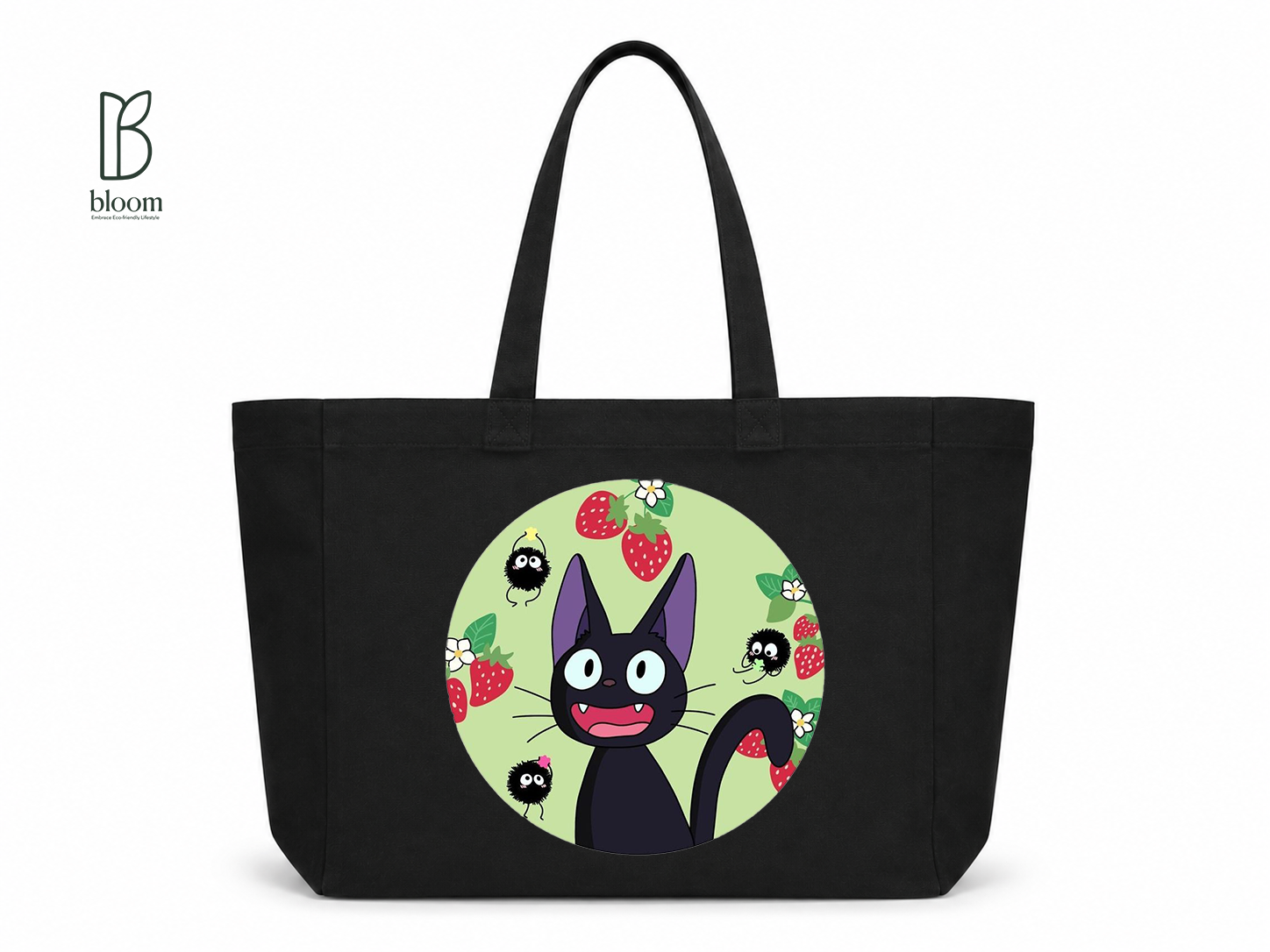 Jiji and Strawberries canvas tote bag - Extended Black | Bloom Bags BD