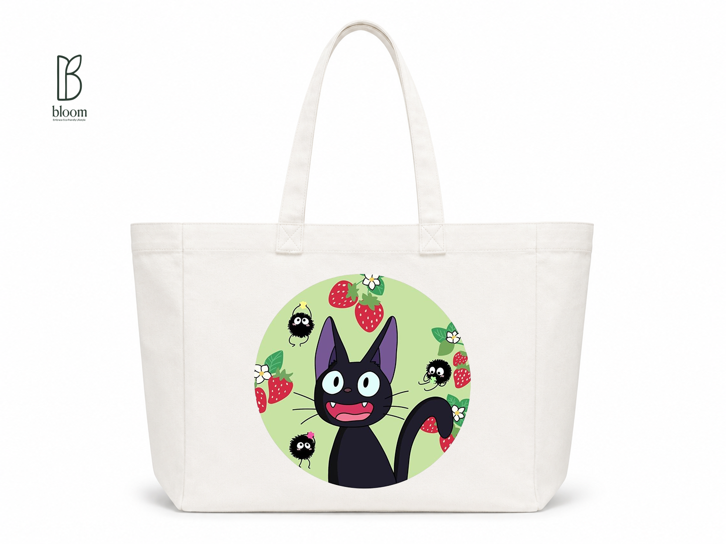 Jiji and Strawberries canvas tote bag - Extended White | Bloom Bags BD