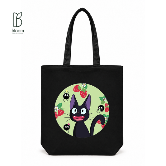 Jiji and Strawberries canvas tote bag - Regular Black | Bloom Bags BD