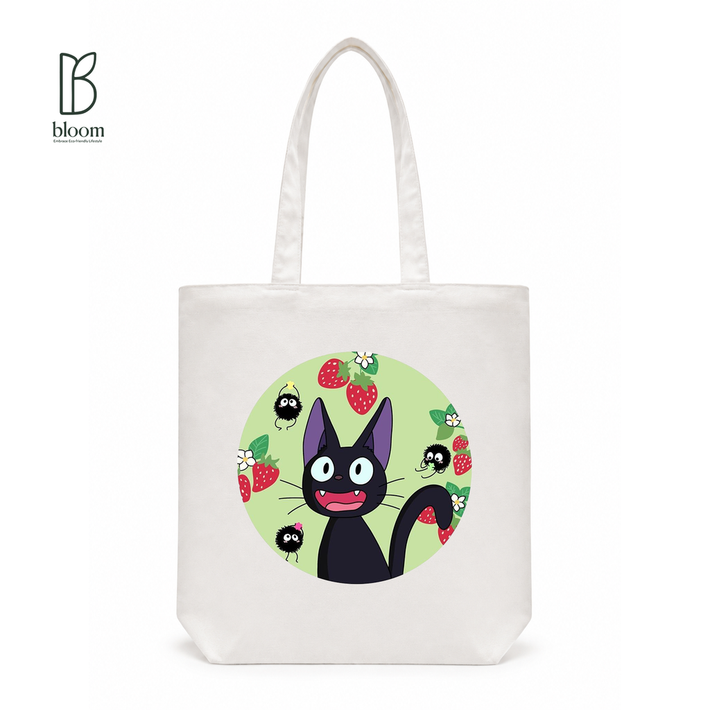 Jiji and Strawberries canvas tote bag - Regular White | Bloom Bags BD