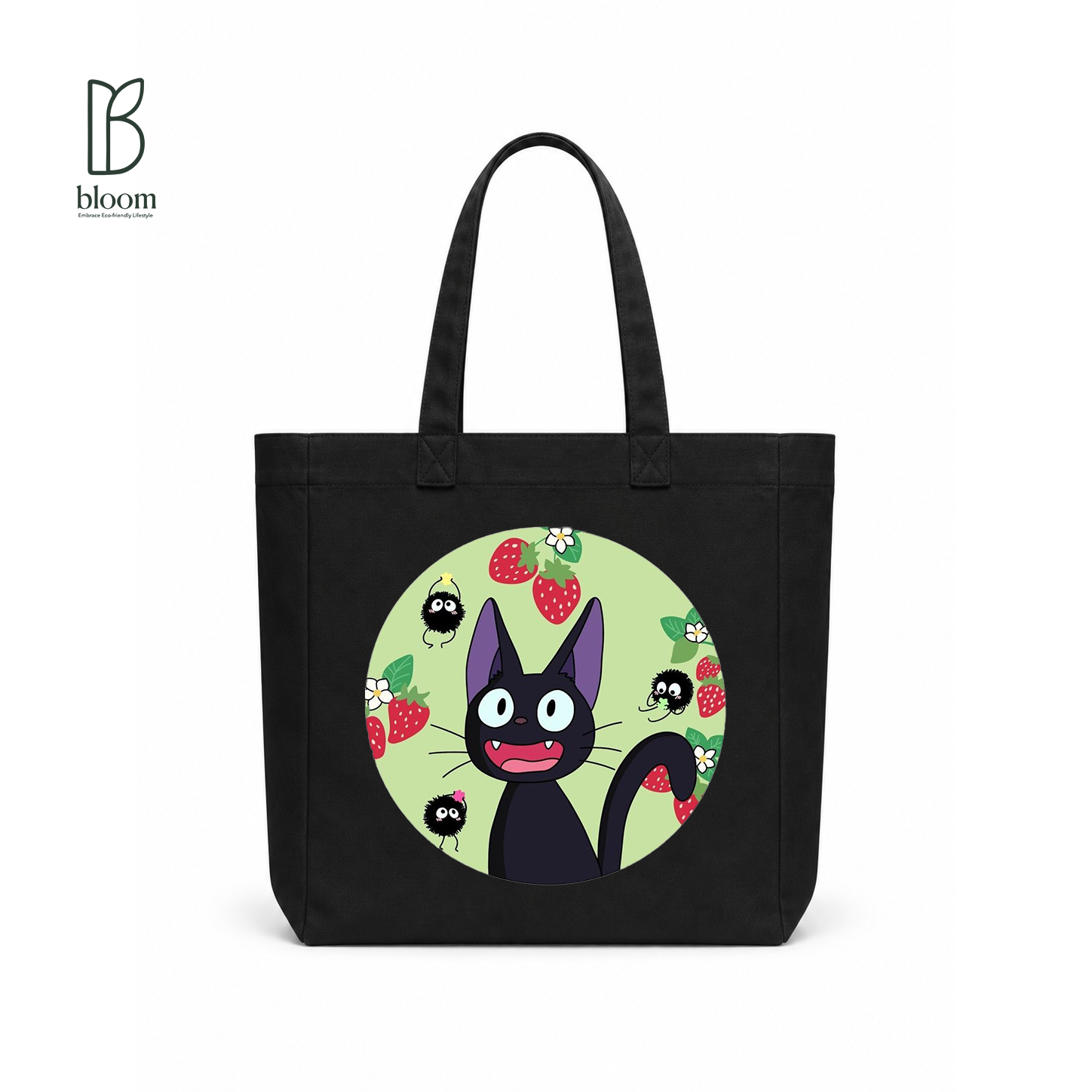 Jiji and Strawberries canvas tote bag - Square Black | Bloom Bags BD