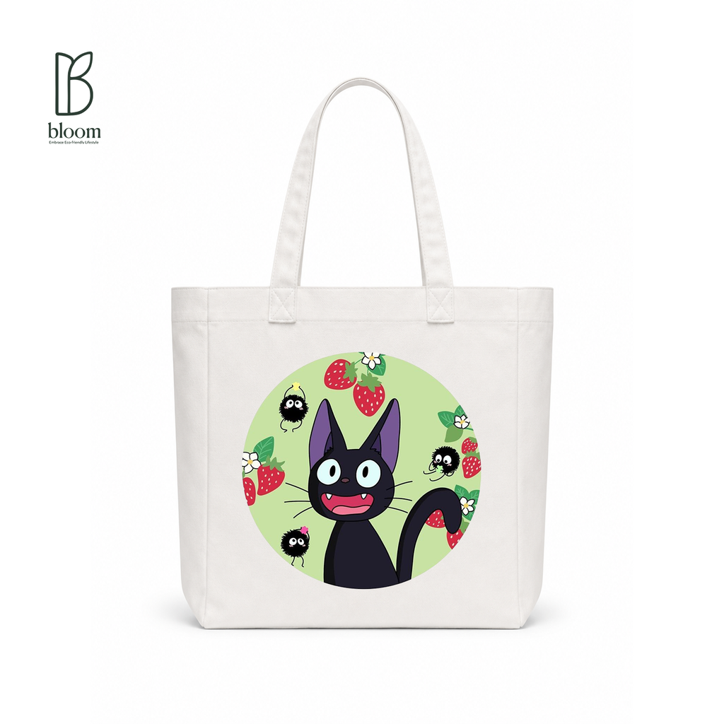 Jiji and Strawberries canvas tote bag - Square White | Bloom Bags BD