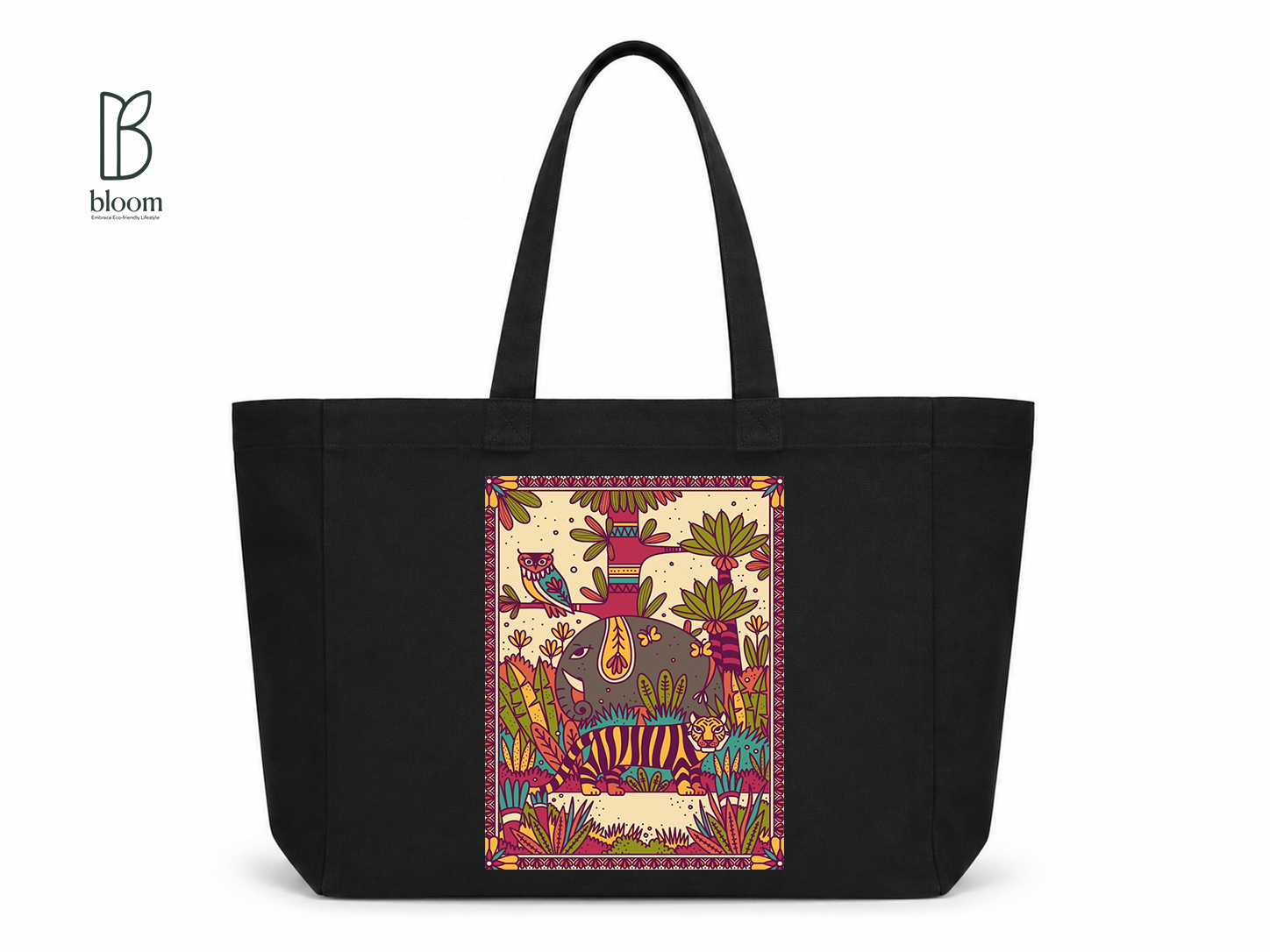 Jungle Mandala canvas tote bag - Extended Black | Bloom Bags BD