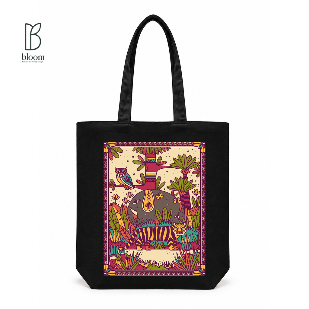 Jungle Mandala canvas tote bag - Regular Black | Bloom Bags BD