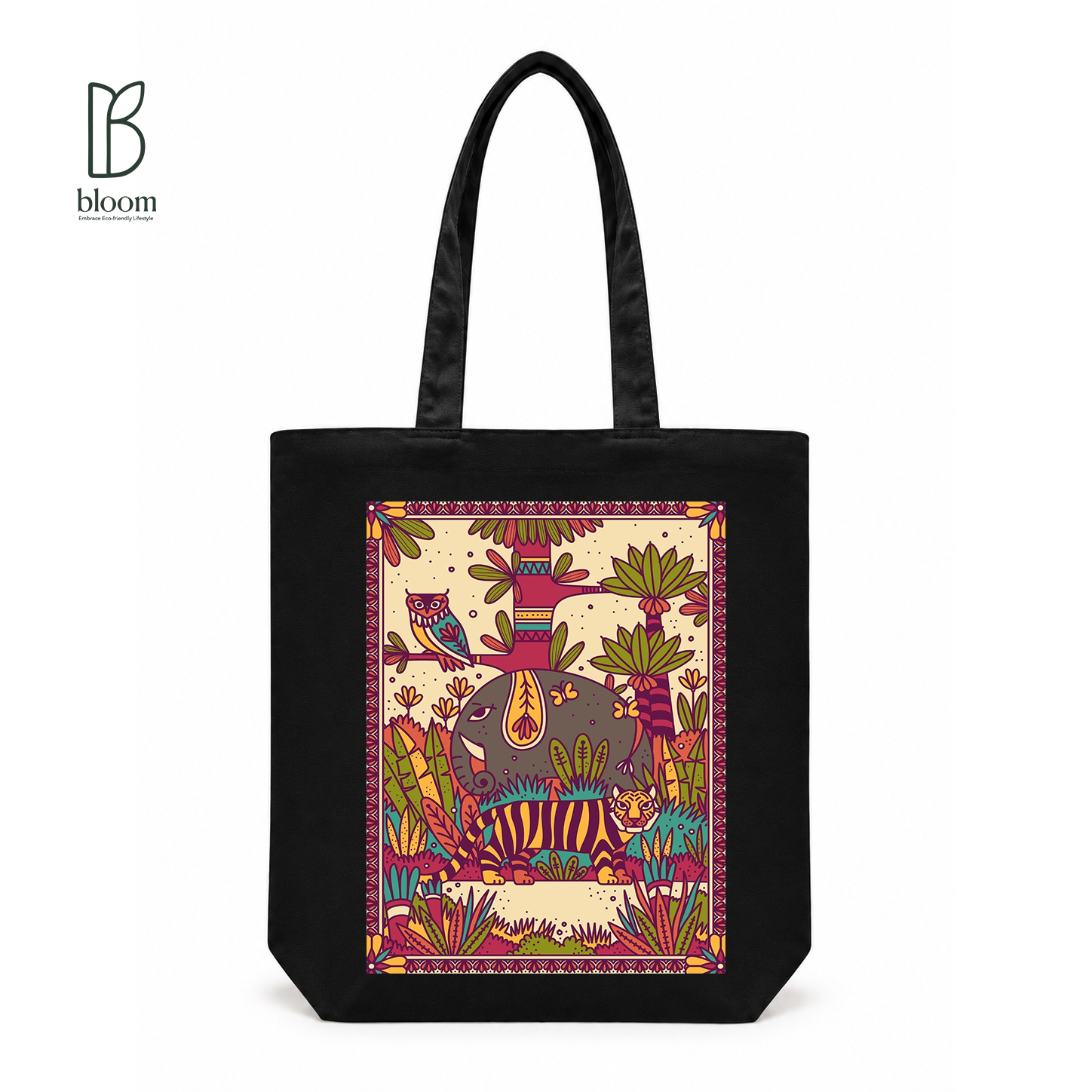 Jungle Mandala canvas tote bag - Regular Black | Bloom Bags BD