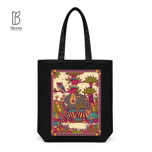 Jungle Mandala canvas tote bag - Regular Black | Bloom Bags BD