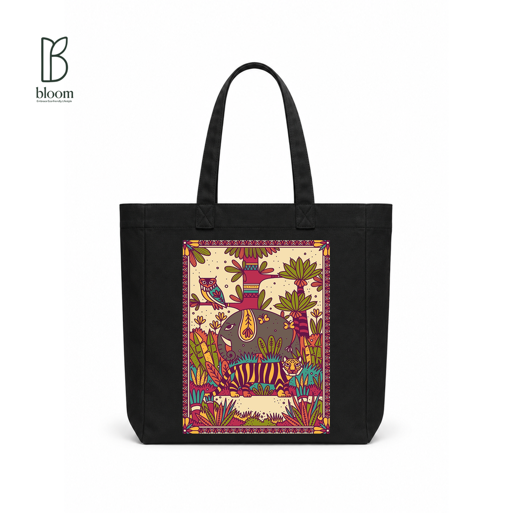 Jungle Mandala canvas tote bag - Square Black | Bloom Bags BD