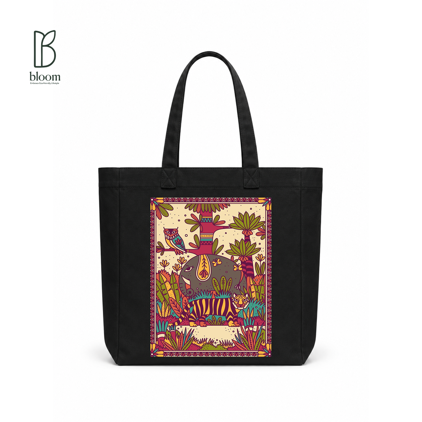Jungle Mandala canvas tote bag - Square Black | Bloom Bags BD