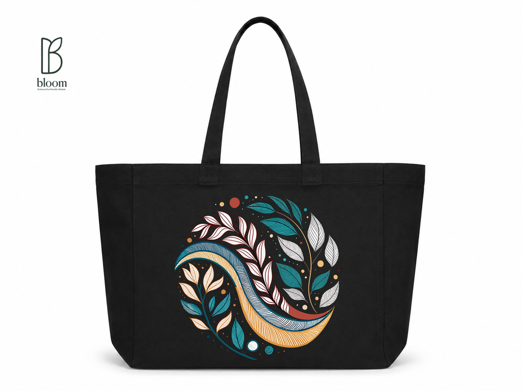 Midnight Bloom canvas tote bag - Extended Black | Bloom Bags BD