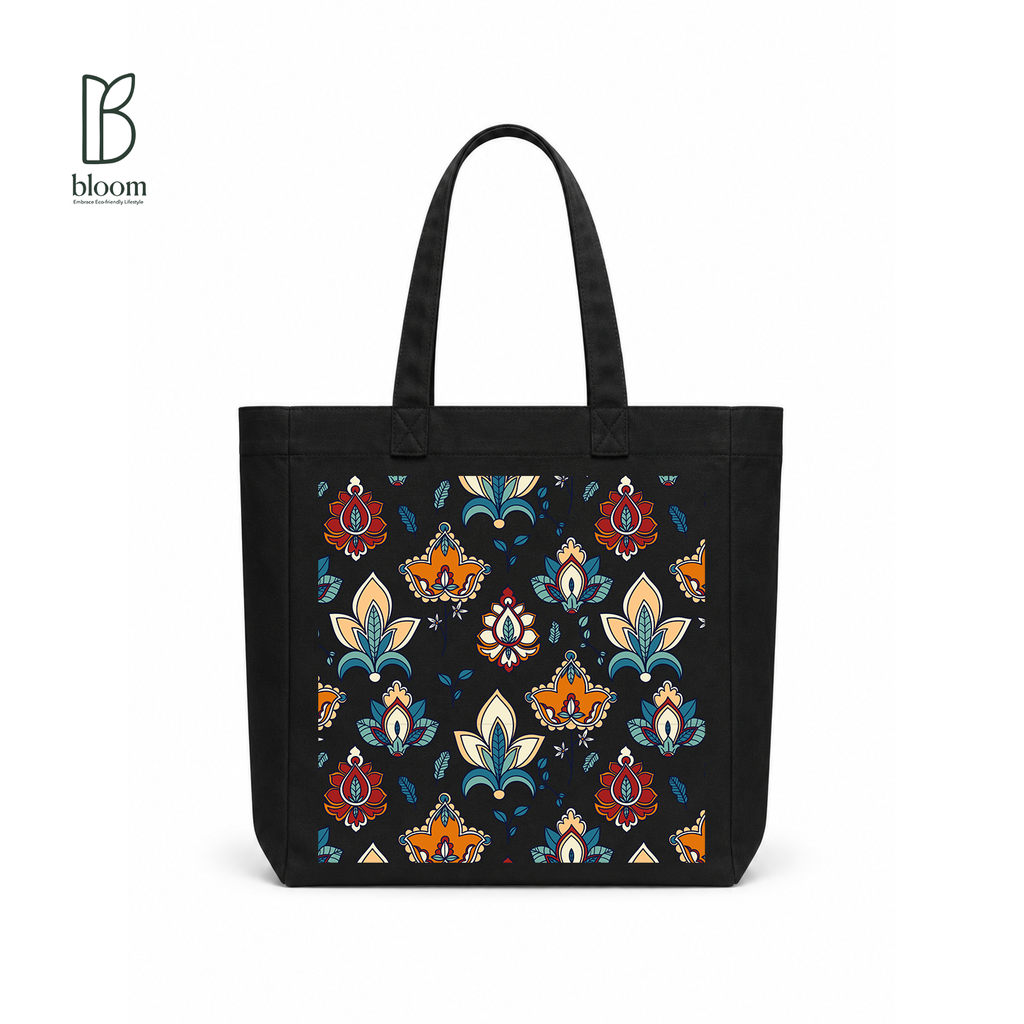 Midnight Damask canvas tote bag - Square Black | Bloom Bags BD