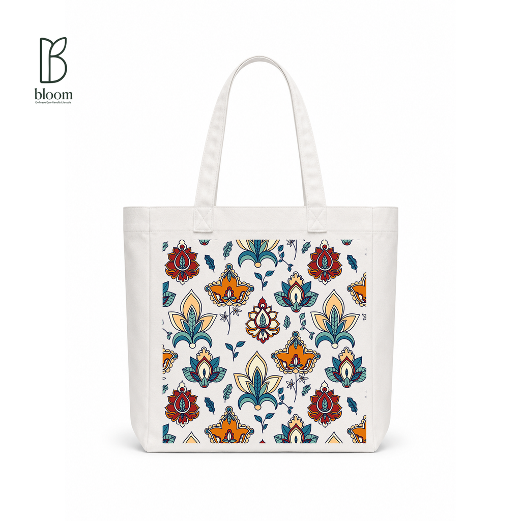 Midnight Damask canvas tote bag - Square White | Bloom Bags BD