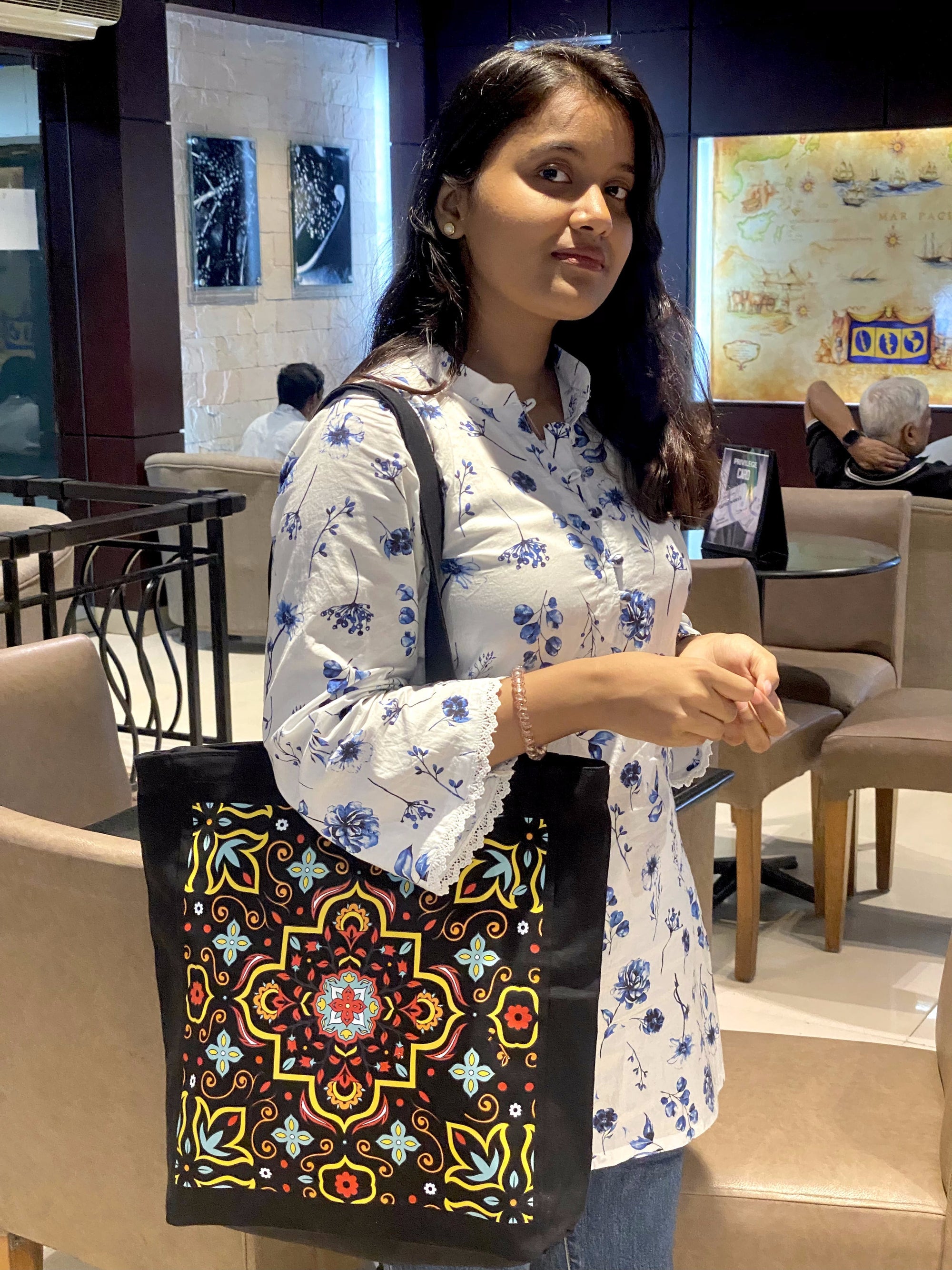 Moroccan Tile Bloom canvas tote bag - lifestyle photo | Bloom Bags BD