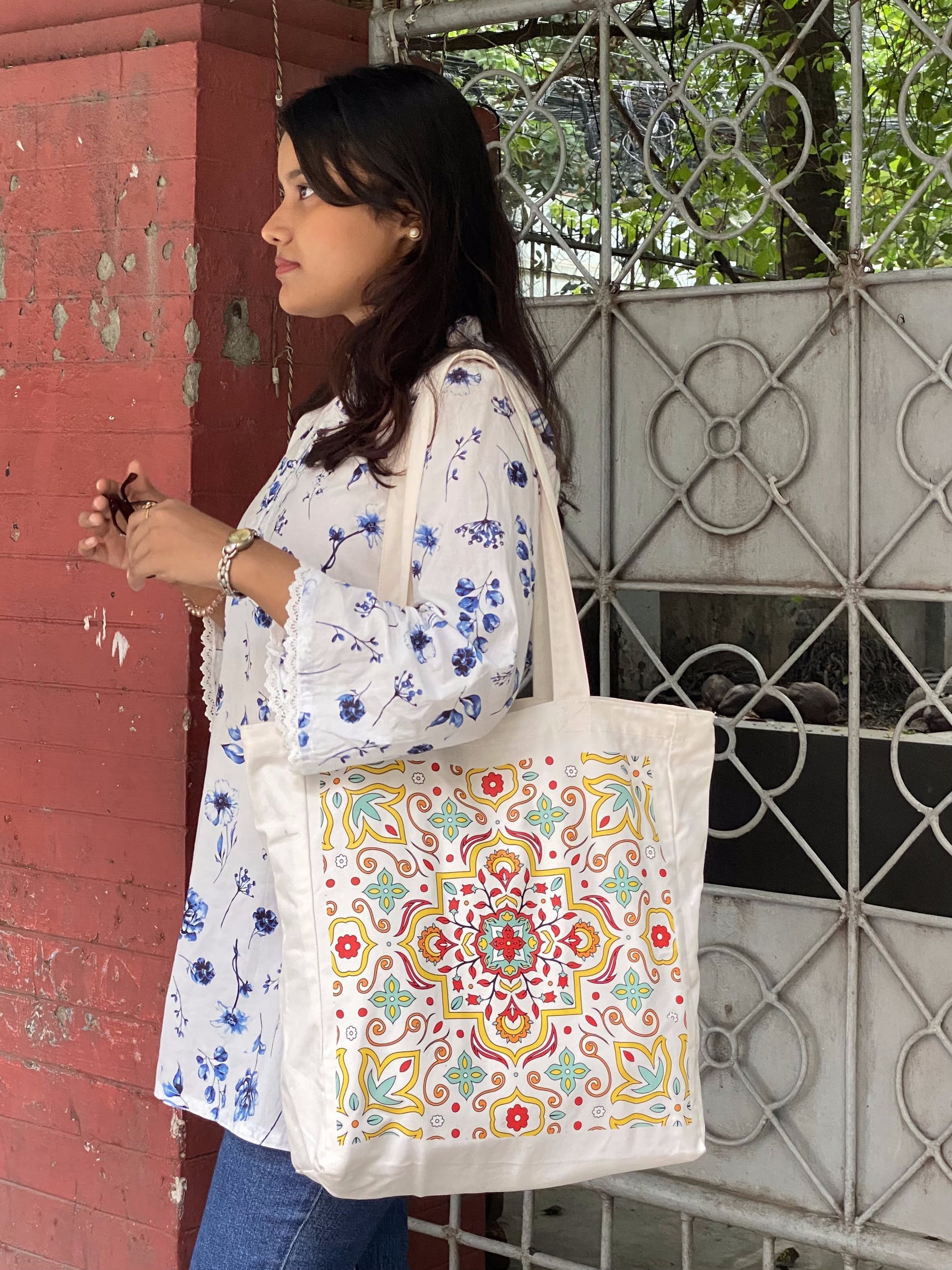 Moroccan Tile Bloom canvas tote bag - lifestyle photo | Bloom Bags BD