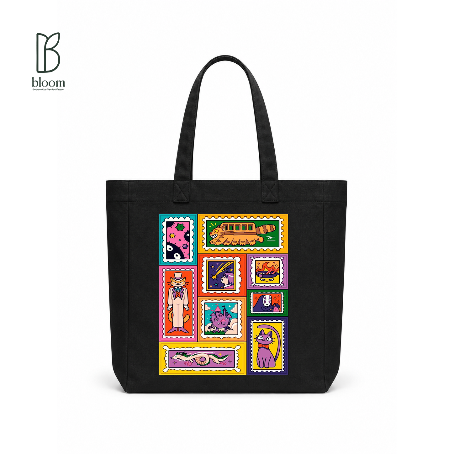 Neko Post cat print canvas tote bag - Square Black | Bloom Bags BD