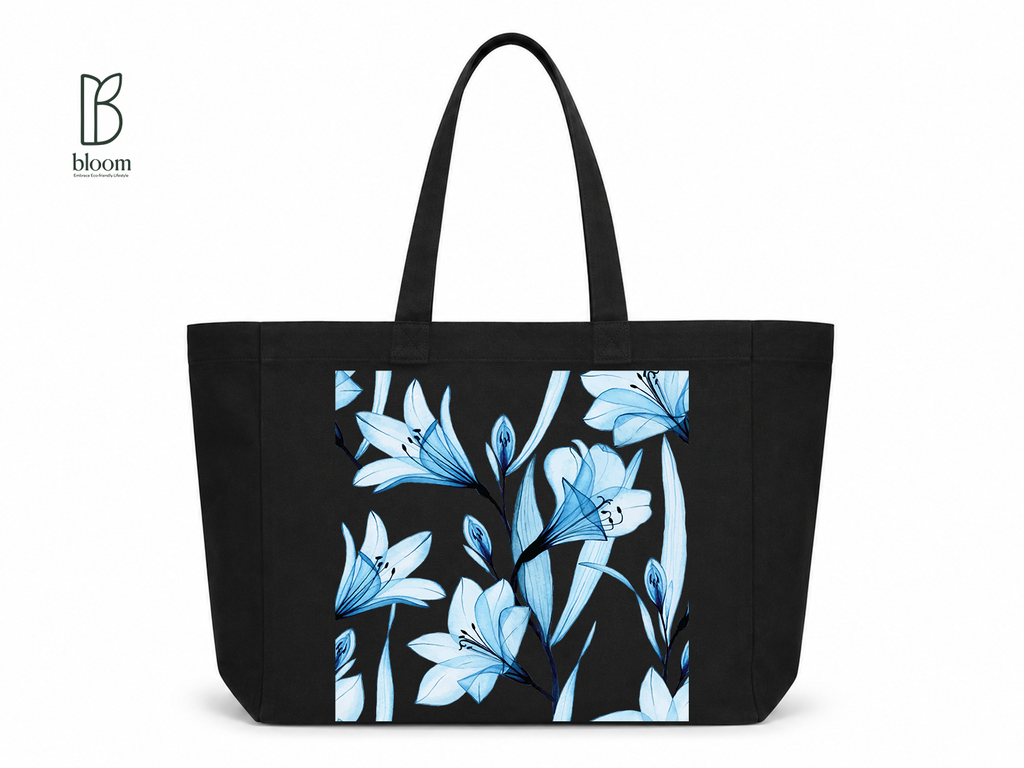 Ophelia blue lily floral canvas tote bag - Extended Black | Bloom Bags BD