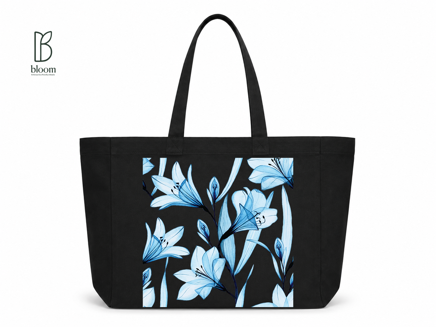 Ophelia blue lily floral canvas tote bag - Extended Black | Bloom Bags BD