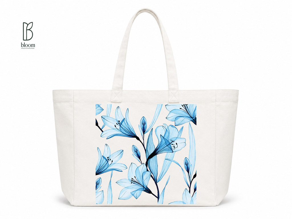 Ophelia blue lily floral canvas tote bag - Extended White | Bloom Bags BD