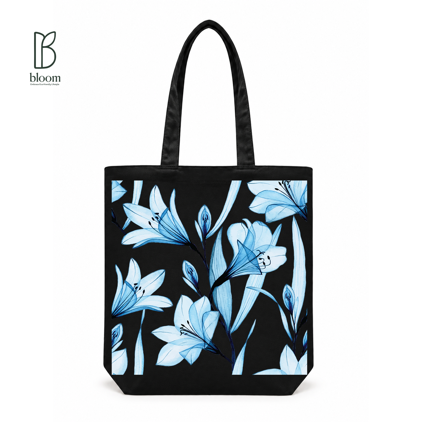 Ophelia blue lily floral canvas tote bag - Regular Black | Bloom Bags BD