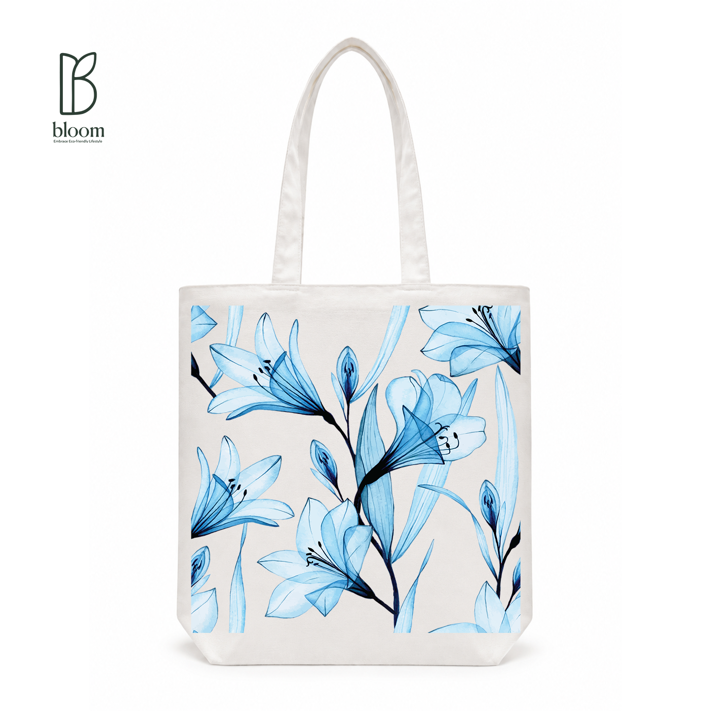 Ophelia blue lily floral canvas tote bag - Regular White | Bloom Bags BD