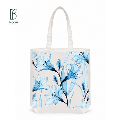 Ophelia blue lily floral canvas tote bag - Regular White | Bloom Bags BD