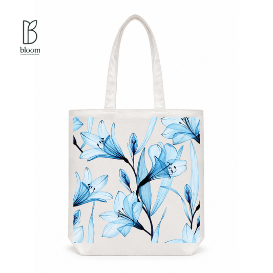 Ophelia blue lily floral canvas tote bag - Regular White | Bloom Bags BD