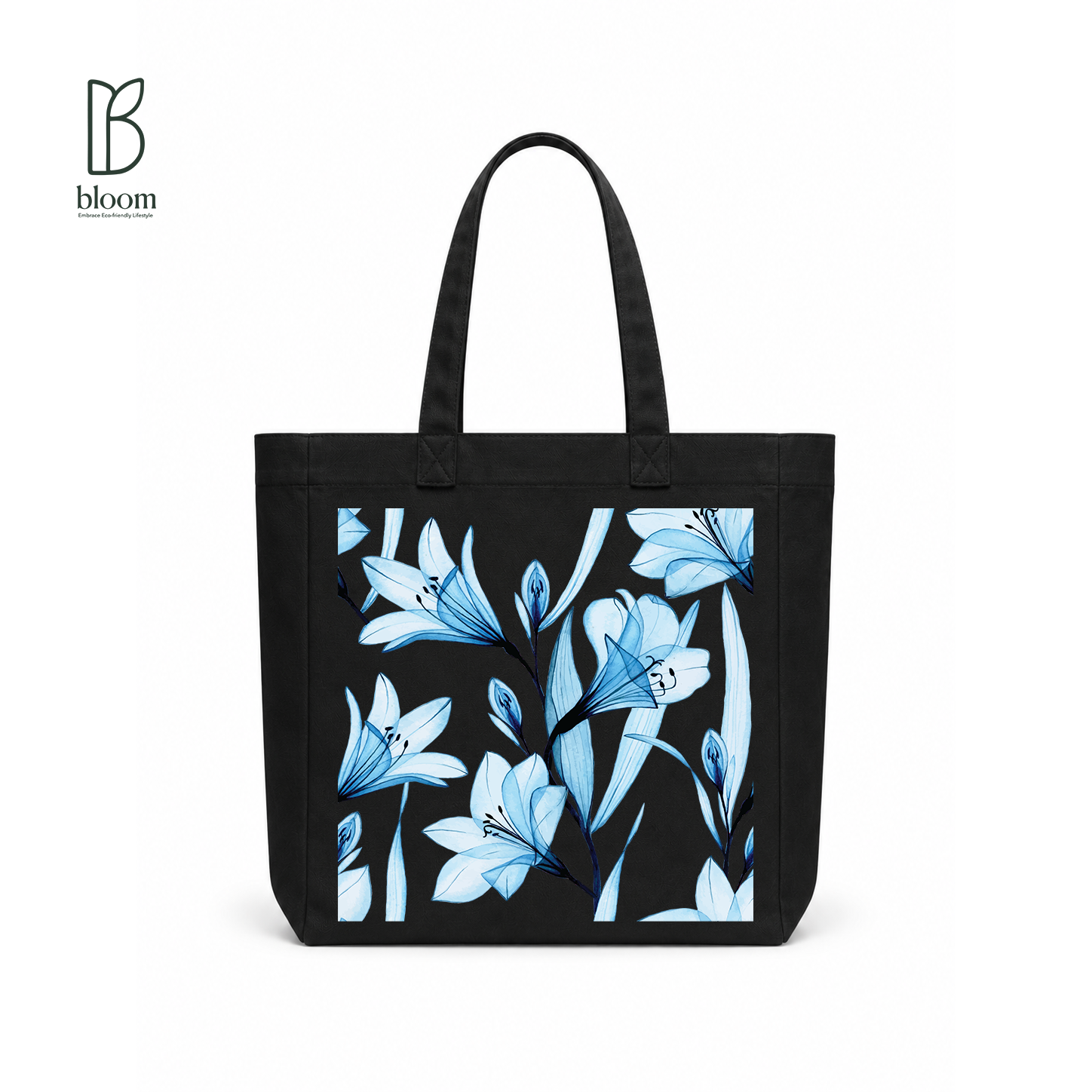 Ophelia blue lily floral canvas tote bag - Square Black | Bloom Bags BD