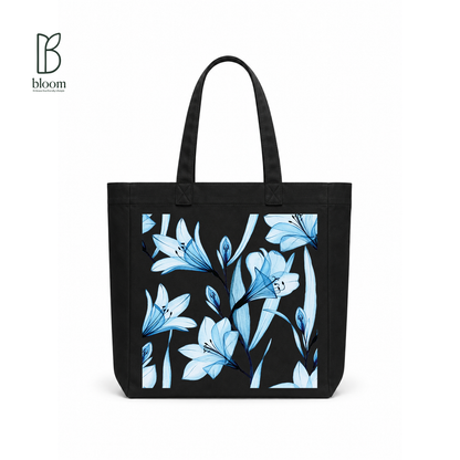 Ophelia blue lily floral canvas tote bag - Square Black | Bloom Bags BD