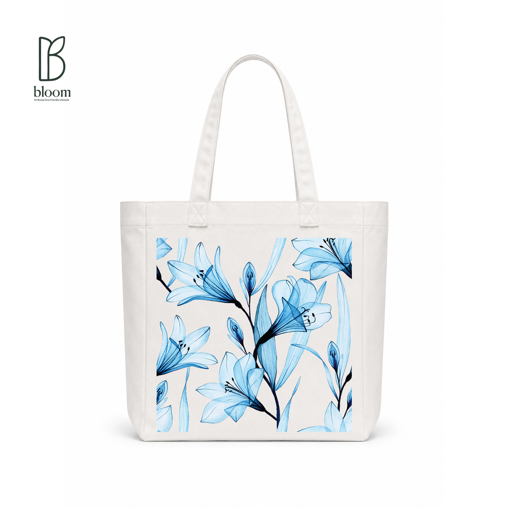 Ophelia blue lily floral canvas tote bag - Square White | Bloom Bags BD