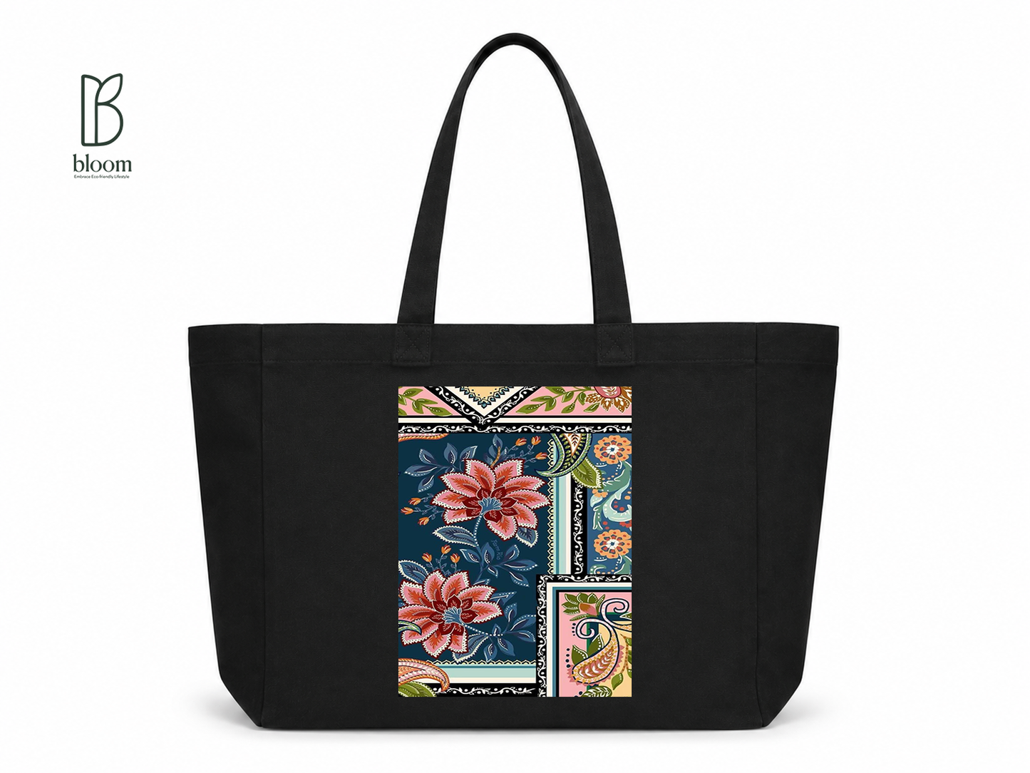 Paisley Bloom canvas tote bag - Extended Black | Bloom Bags BD