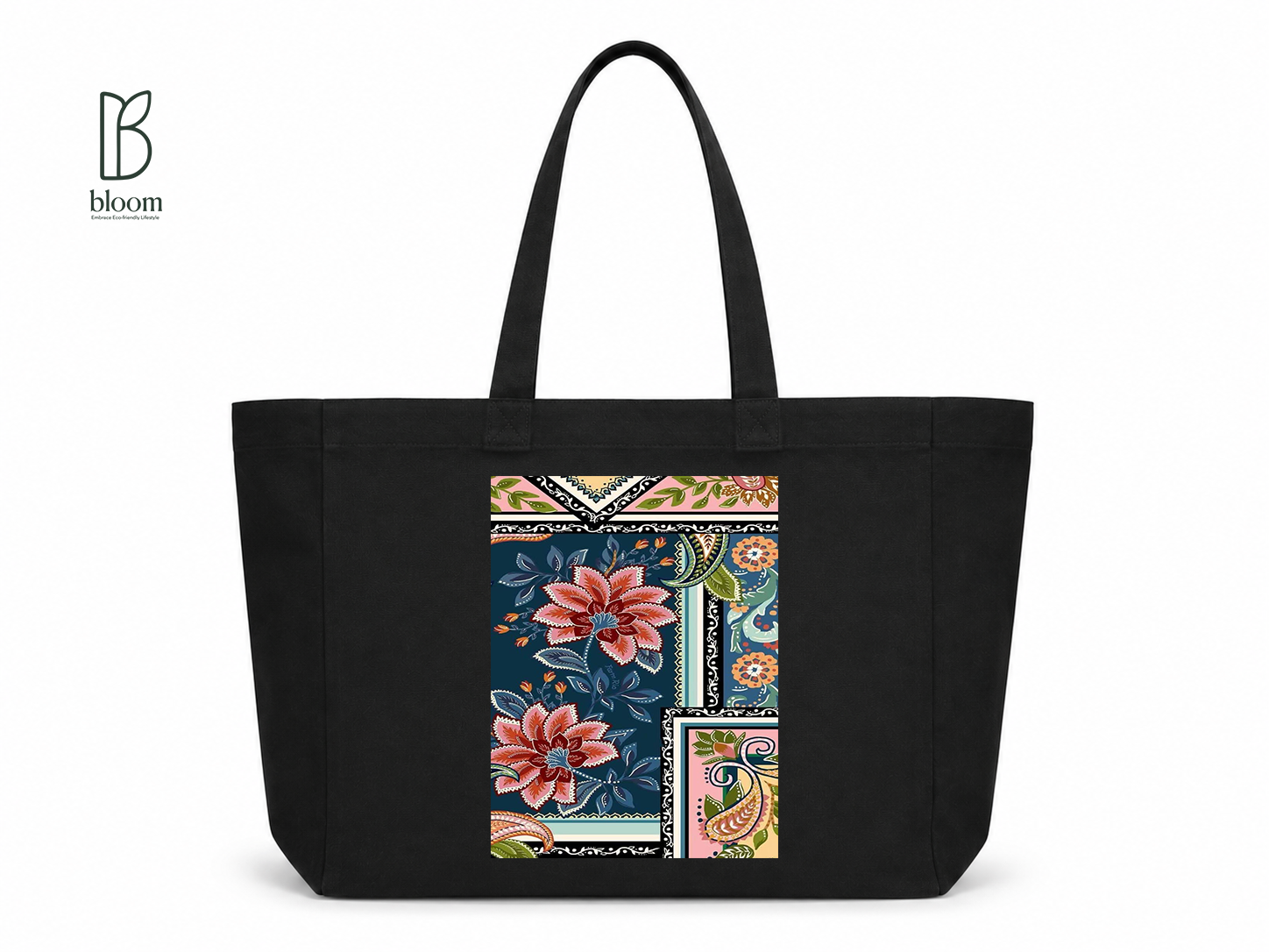 Paisley Bloom canvas tote bag - Extended Black | Bloom Bags BD