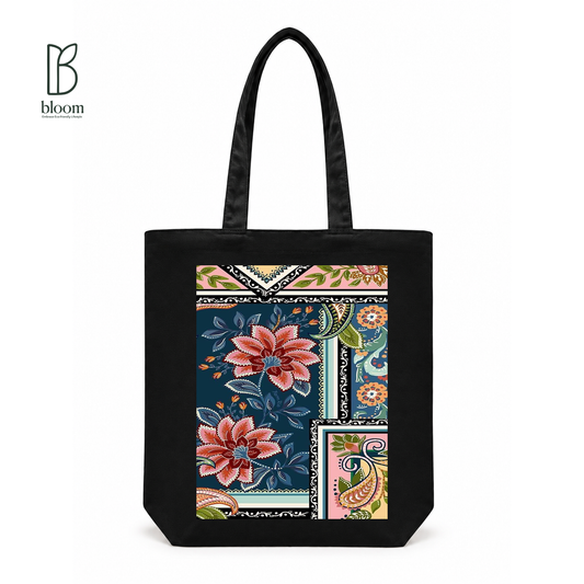 Paisley Bloom canvas tote bag - Regular Black | Bloom Bags BD