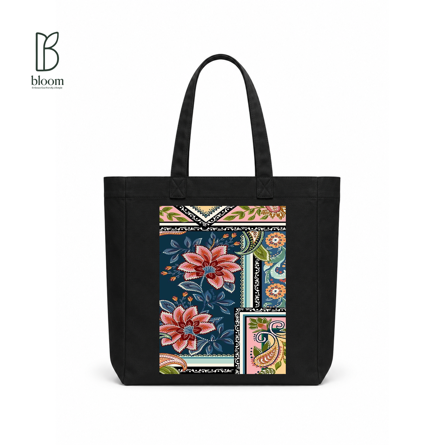 Paisley Bloom canvas tote bag - Square Black | Bloom Bags BD