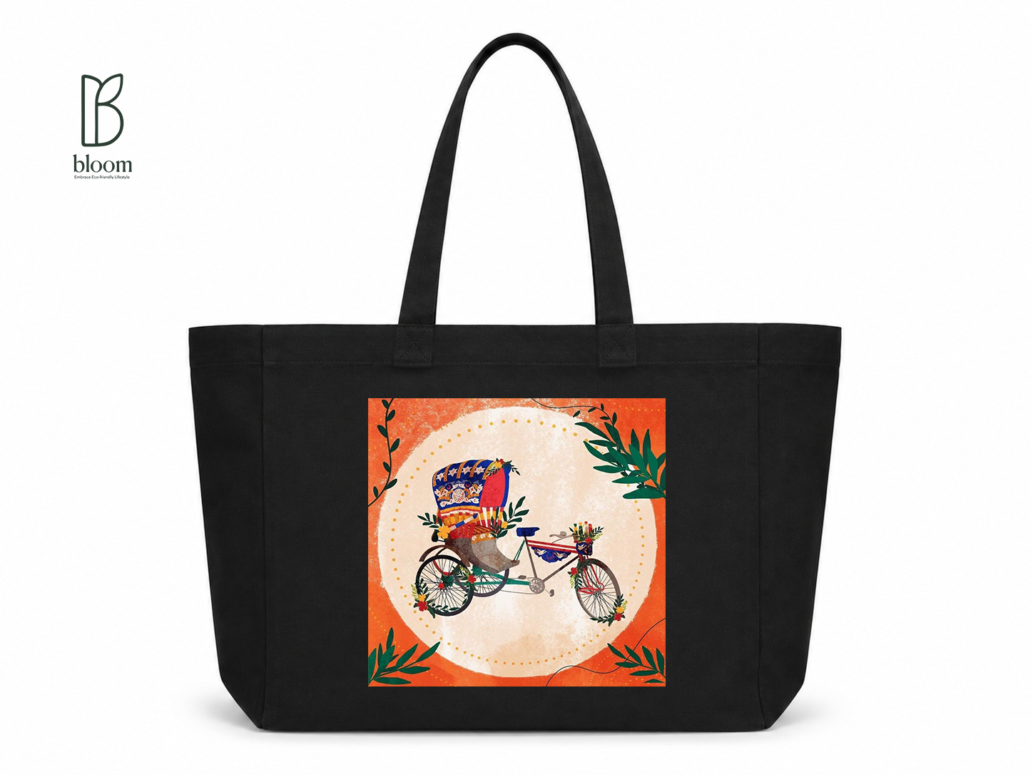 Rickshaw Dreams canvas tote bag - Extended Black | Bloom Bags BD