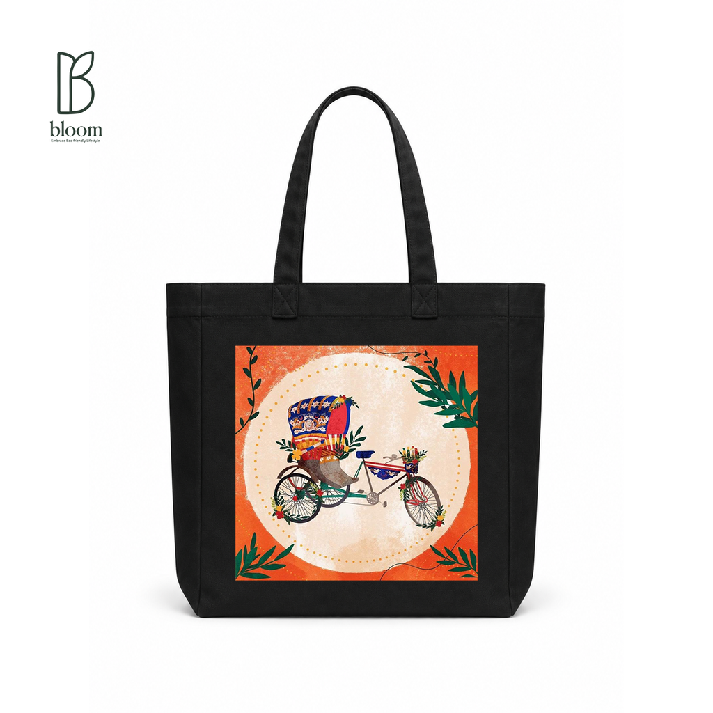 Rickshaw Dreams canvas tote bag - Square Black | Bloom Bags BD