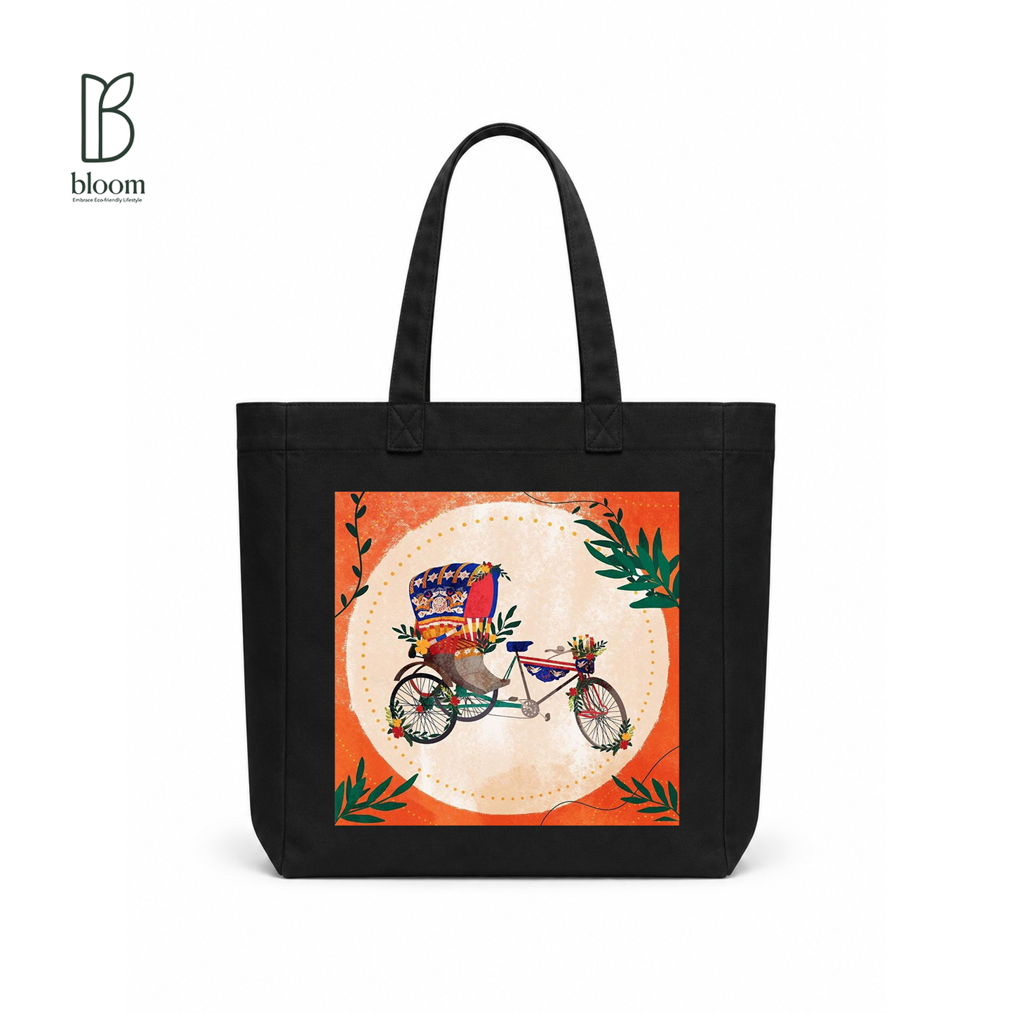 Rickshaw Dreams canvas tote bag - Square Black | Bloom Bags BD