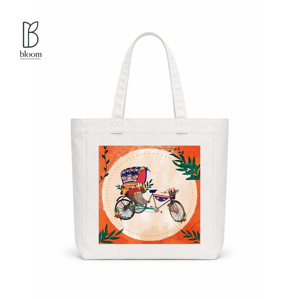 Rickshaw Dreams canvas tote bag - Square White | Bloom Bags BD