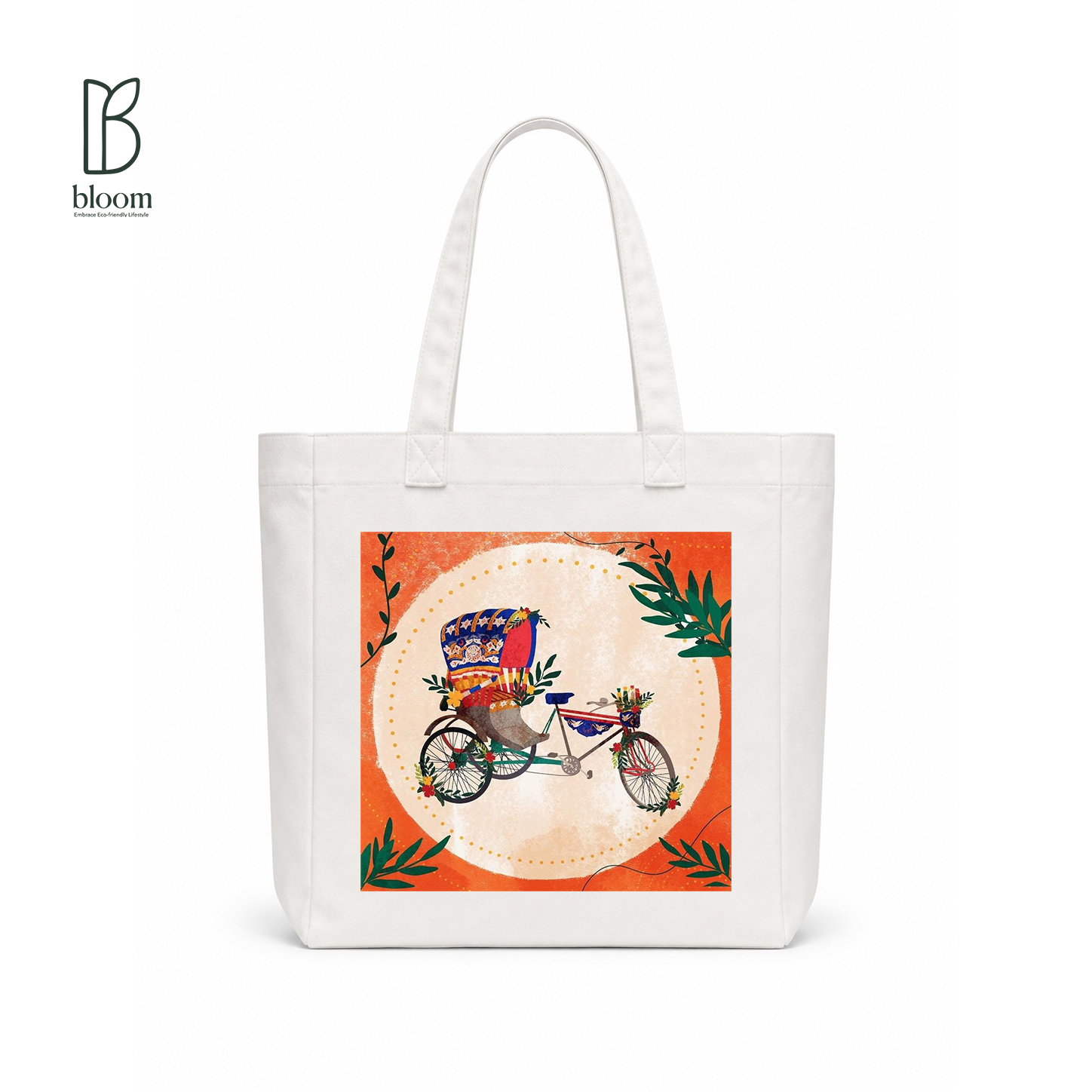 Rickshaw Dreams canvas tote bag - Square White | Bloom Bags BD