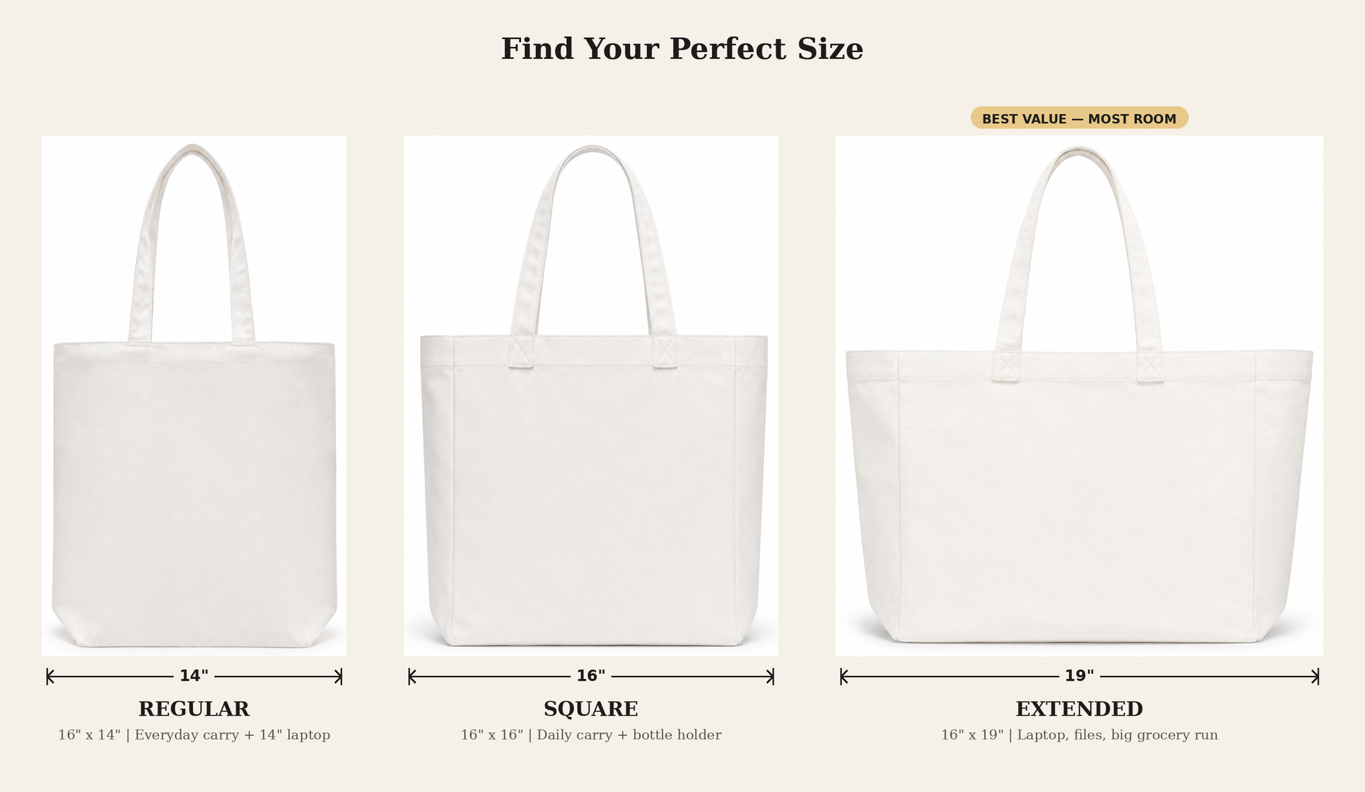 Bloom canvas tote bag - Regular vs Square vs Extended size comparison | Bloom Bags BD