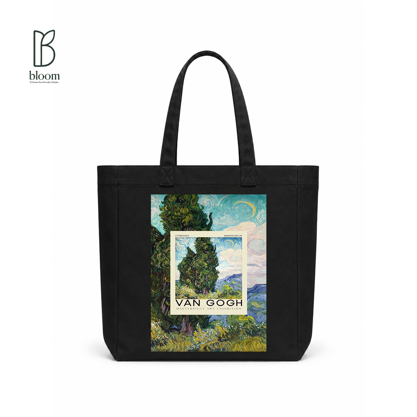 Van Gogh Cypresses canvas tote bag - Square Black | Bloom Bags BD