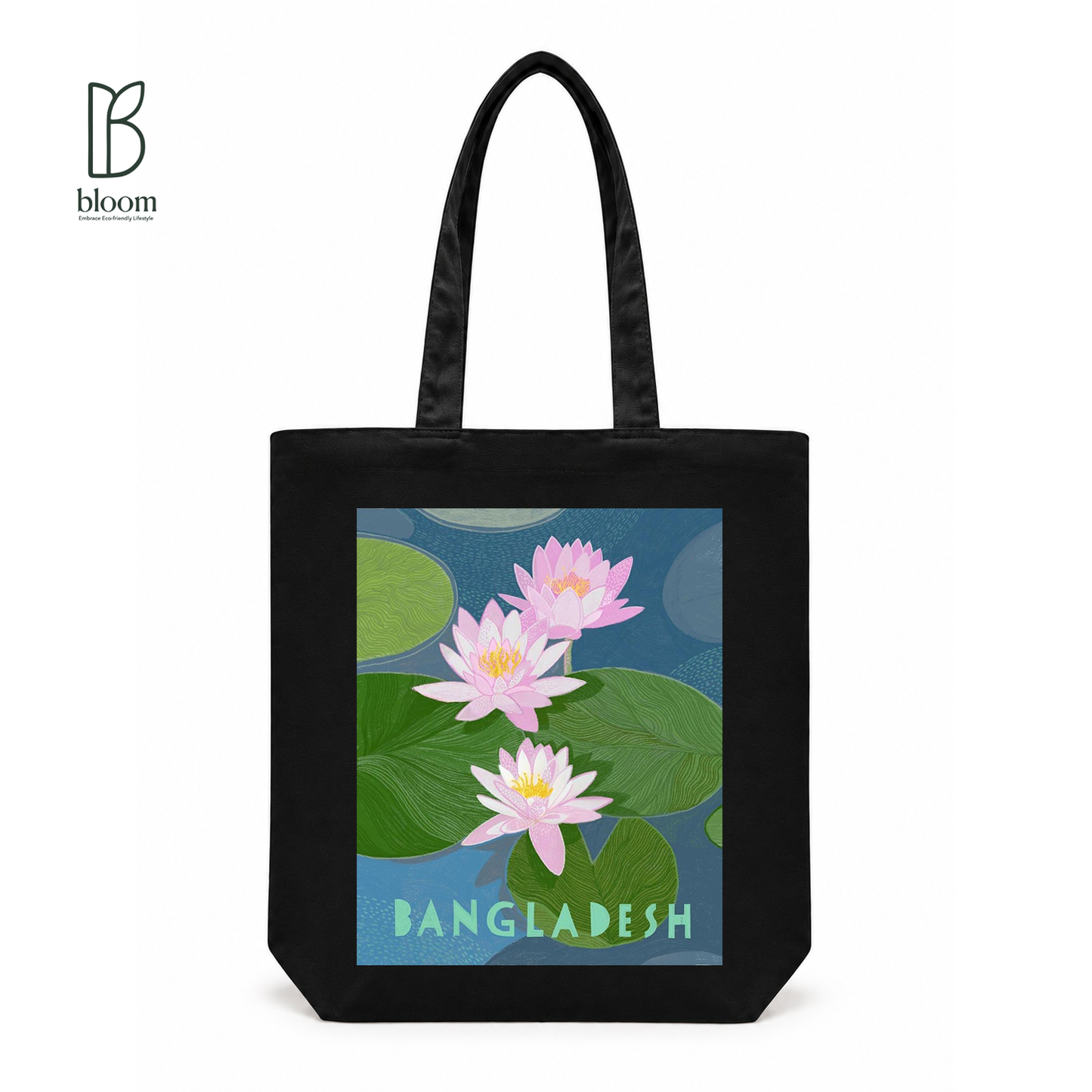 Water Lily Bangladesh canvas tote bag - Regular Black | Bloom Bags BD