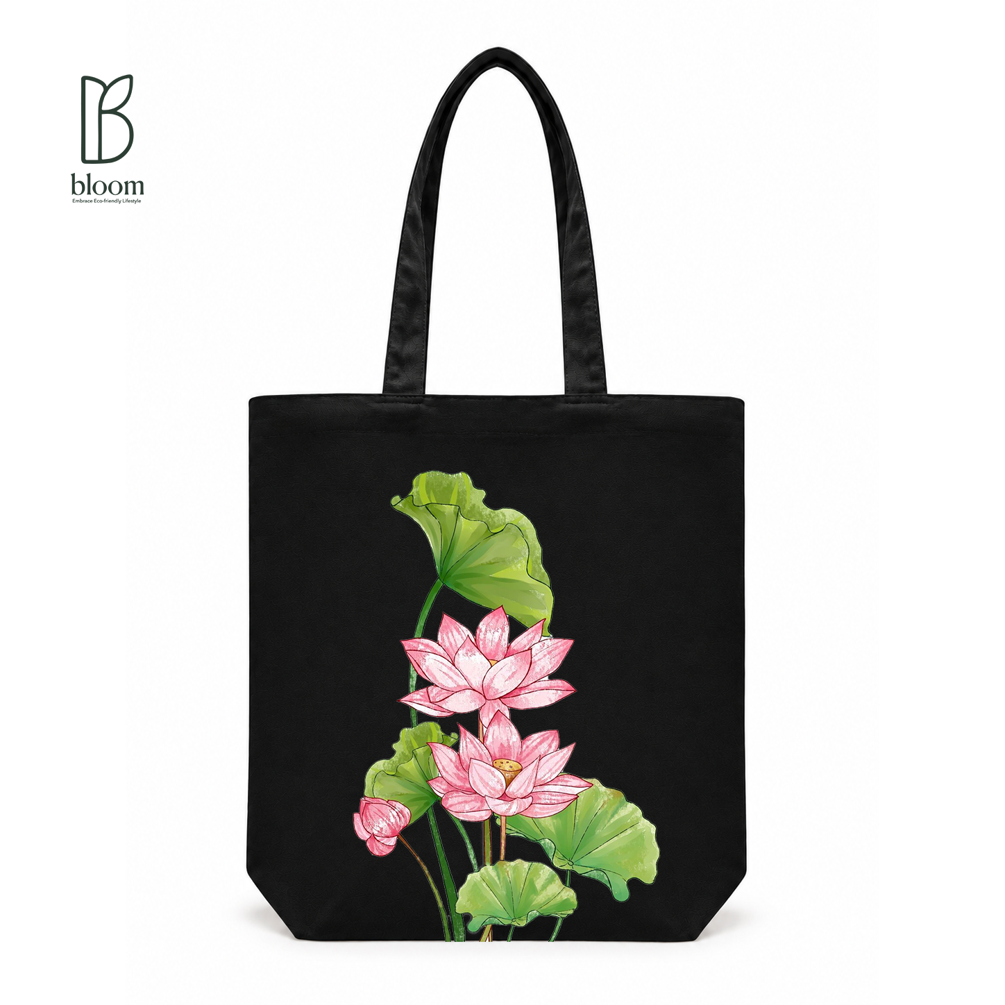 Watercolor Lotus canvas tote bag - Regular Black | Bloom Bags BD